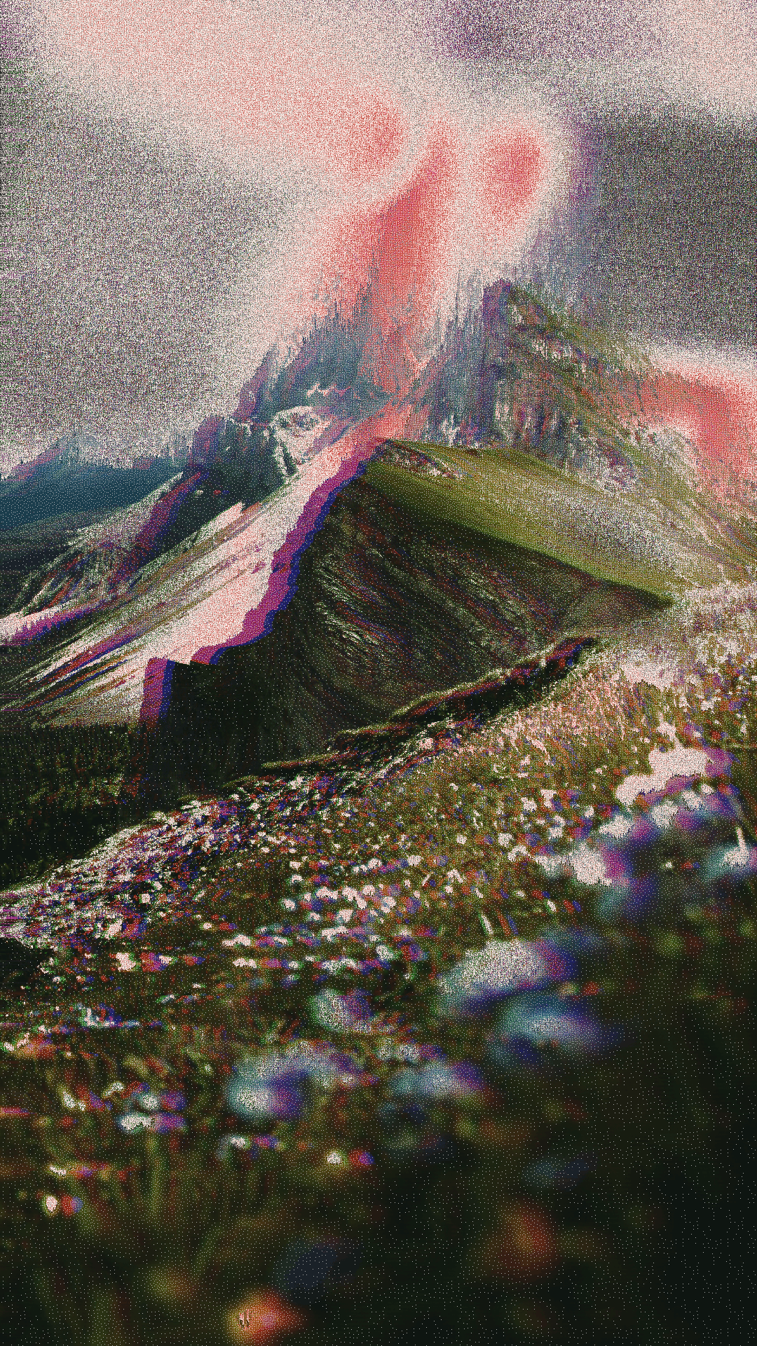 Tall Framefield export with red dither and damaged alpine texture.