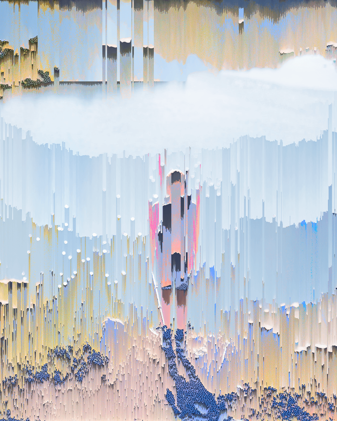 Pale blue Framefield export with a figure half-swallowed by pixel sort.