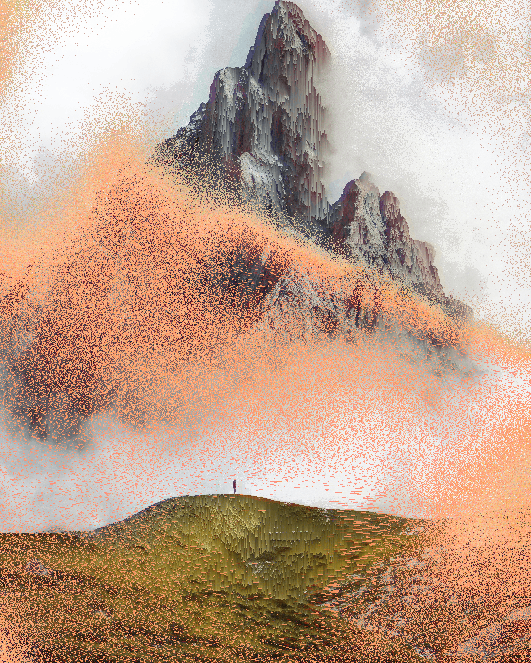 Orange Framefield export with a mountain pulled apart by dither.