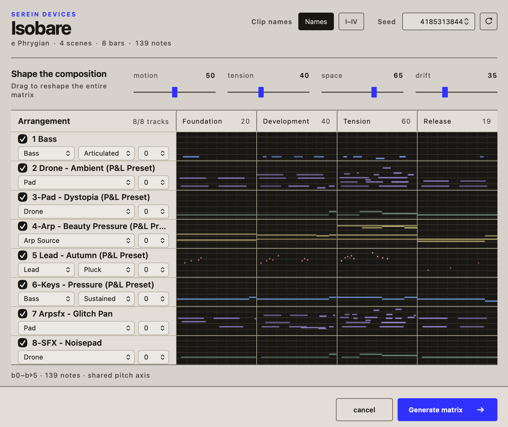 Isobare interface showing a generated eight-track ambient MIDI arrangement.