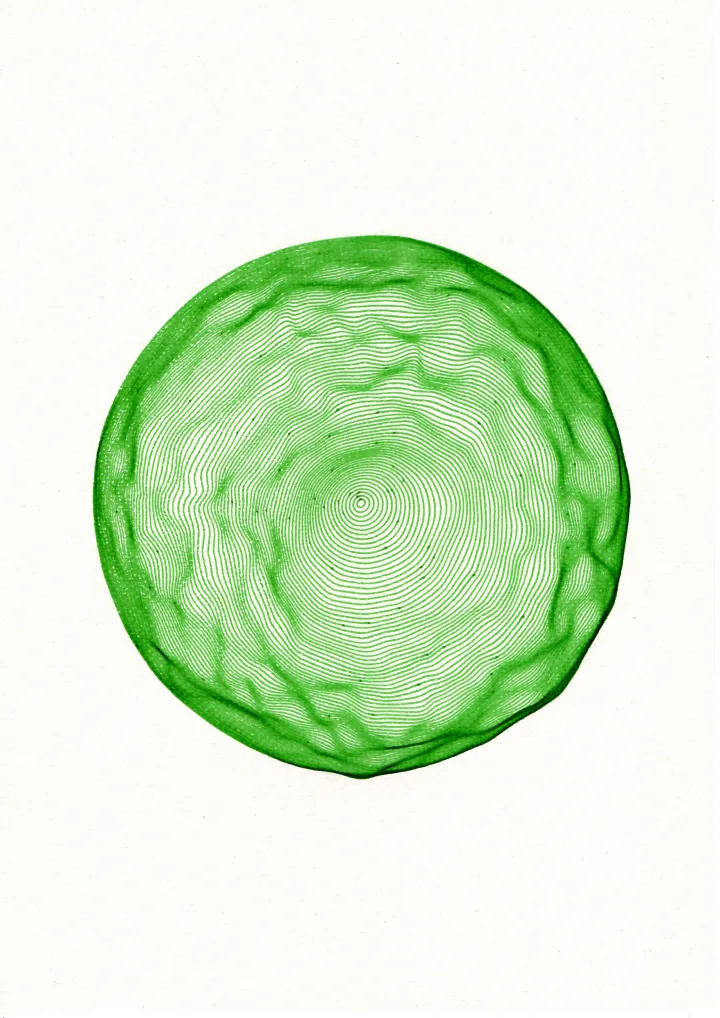 Green concentric noisy circles forming a soft uneven disc on off-white paper.